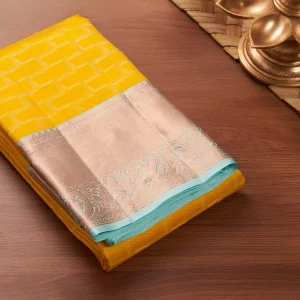 Golden Yellow Kanjeevaram Saree with light Teal border and fine Copper Zari