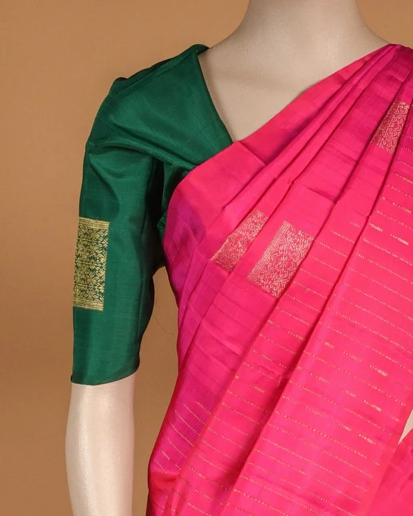 Peony Pink Kanjeevaram Saree with contrasting Green blouse
