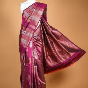 Burgundy Kanjeevaram Saree with whimsical Copper and Silver Zari stripes