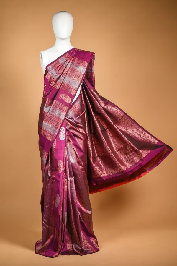 Burgundy Kanjeevaram Saree with whimsical Copper and Silver Zari stripes