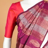 Red blouse of Burgundy Kanjeevaram Saree with Silver and Gold zari