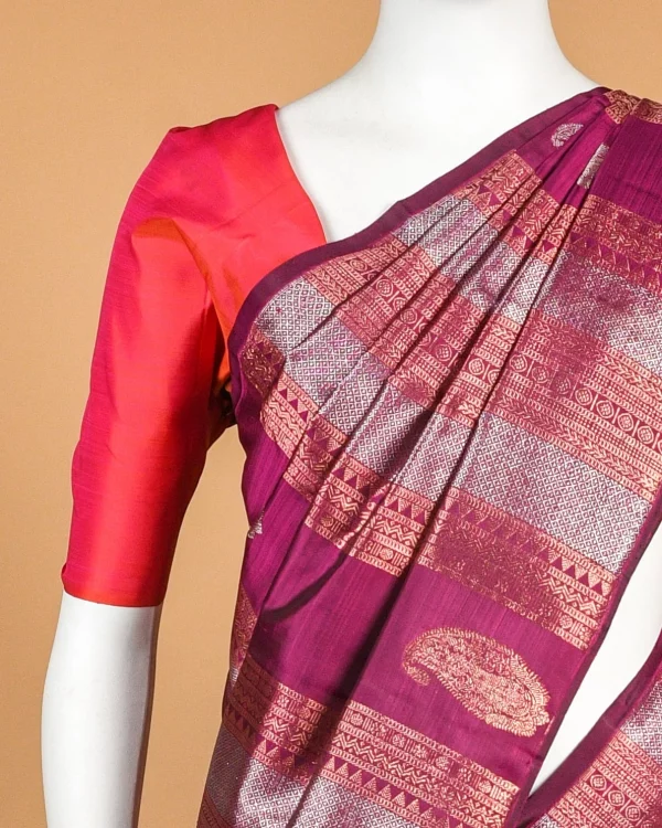 Red blouse of Burgundy Kanjeevaram Saree with Silver and Gold zari