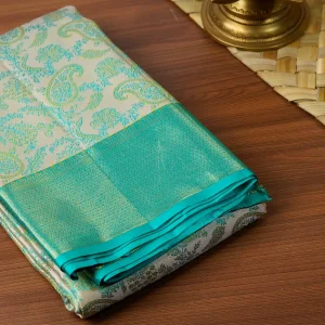 Cream Kanjeevaram Saree with Turquoise details