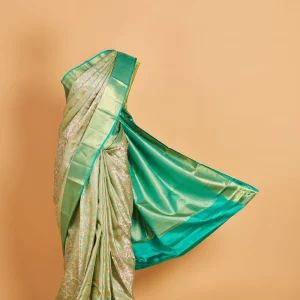 Cream Kanjeevaram Saree with Turquoise details