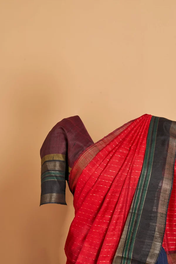 Beetle Red Tussar Silk Saree with Black border and Gold Zari details