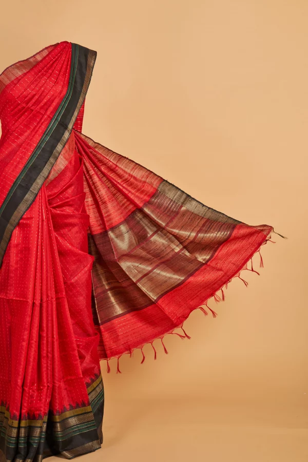 Beetle Red Tussar Silk Saree with Black border and Gold Zari details