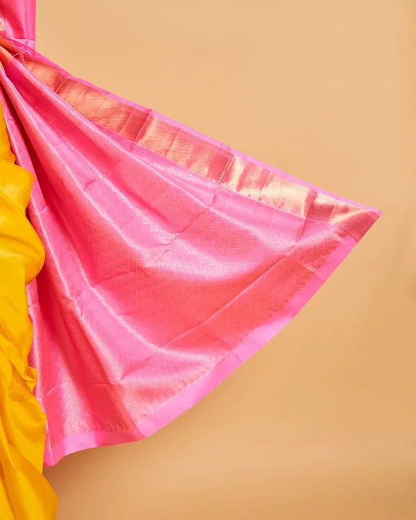 Sunshine Yellow Kanjeevaram Saree with baby Pink border and Gold Zari