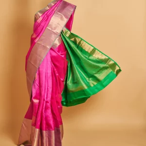 Rosewater Pink Kanjeevaram Saree with Leaf Green Blouse