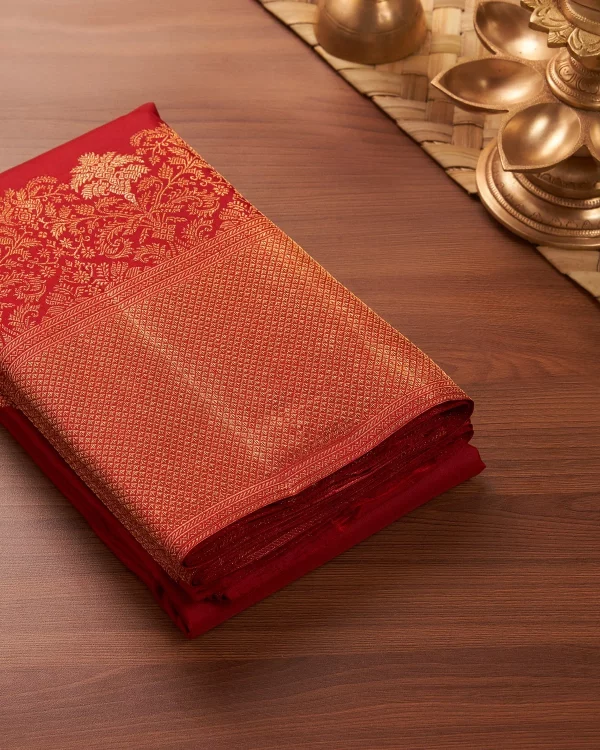 Vermilion Red Kanjeevaram Bridal Saree with classic Gold Zari details